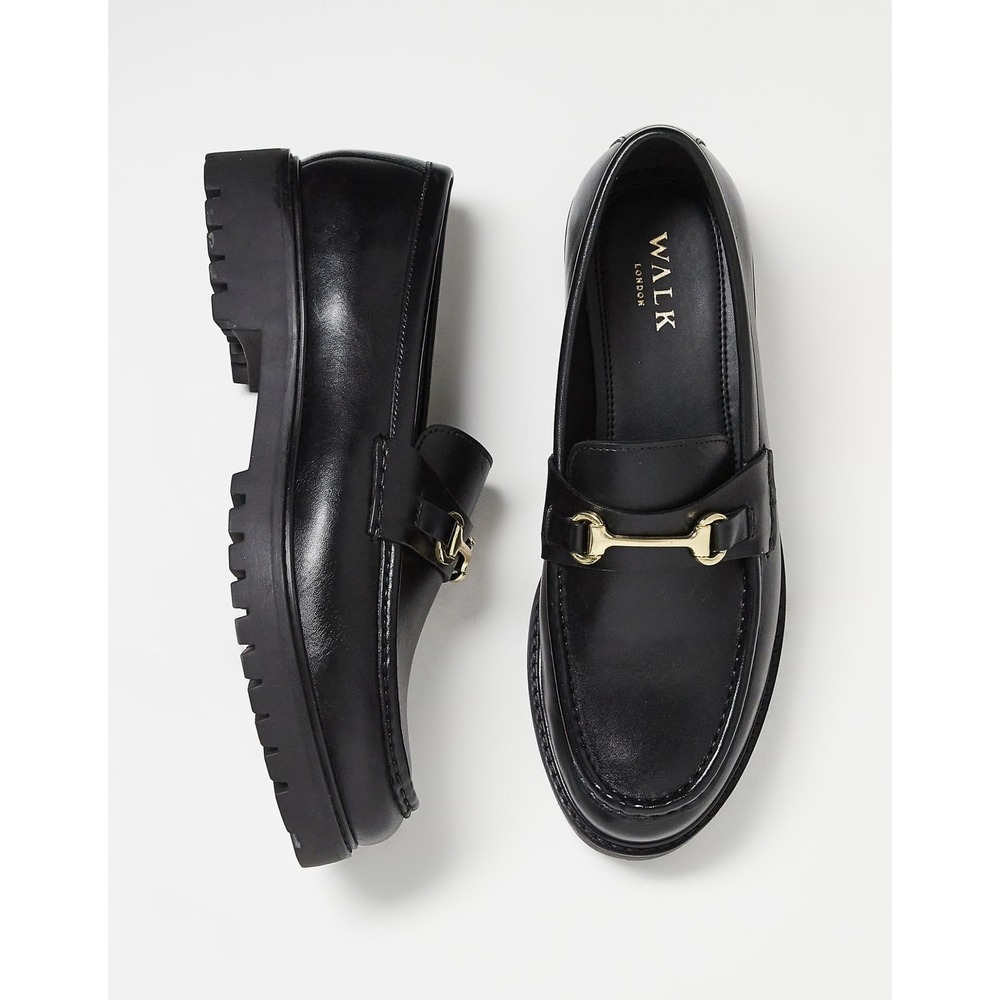 Walk London Sean Trim Loafers Mens Black Leather Horse Bit Chunky Lug Sole $165